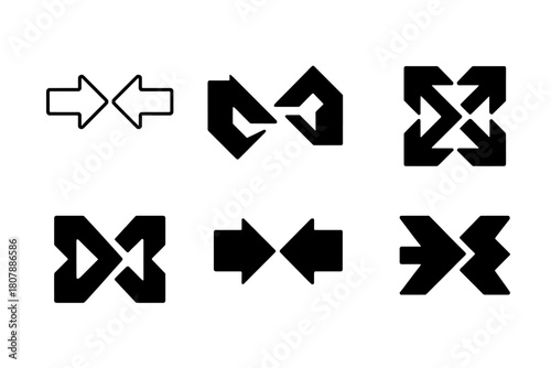 Hostile Takeover Logos. Hostile takeover. Icon set. Set Logo of hostile takeover: two arrows clashing in opposite directions. harmonious logo variations of the