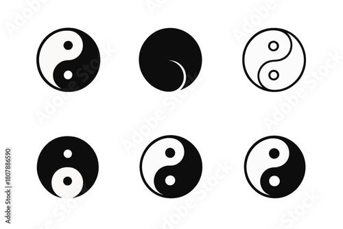 Yin Yang Variations. Symbols. Icon set. Set Logo of symbols: yin yang balance. harmonious logo variations of the same emblematic concept, each with different
