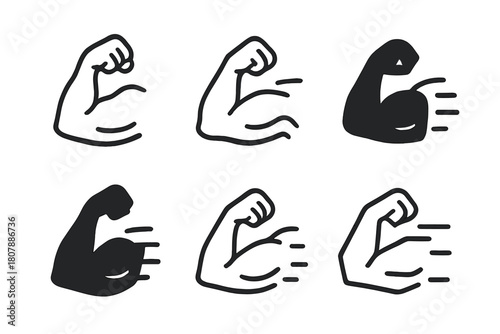 Exercise Icon Variations. The benefits of physical exercise. Icon set. Set Logo of The benefits of physical exercise: Flexed bicep with motion lines.