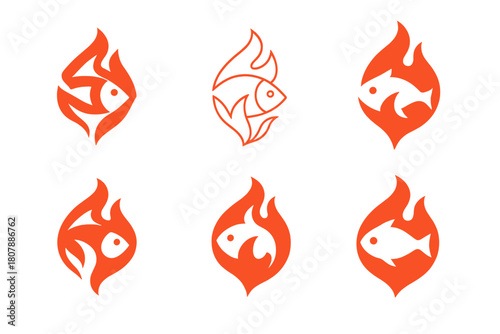 Spicy Seafood Icons. Spicy seafood. Icon set. Set Logo of Spicy Seafood: crab surrounded by fiery elements. harmonious logo variations of the same emblematic