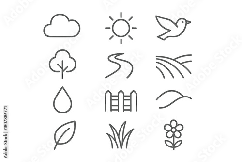 Nature Icons Set. Nature Growth. Solid icon set of Nature Growth: tree, sapling, roots, leaves, sun, water droplet, soil mound, watering can, shovel, plant