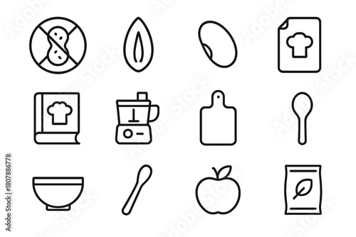 Nut-Free Cooking Icons. Nut-free cooking. Line icon set of nut-free cooking: peanut crossed out, sunflower seed, soy bean, ingredient label, recipe book, food