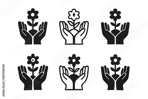 Gardening Icon Set. Planting flowers. Icon set. Set Logo of Planting flowers: Gardening gloves. harmonious logo variations of the same emblematic concept, each