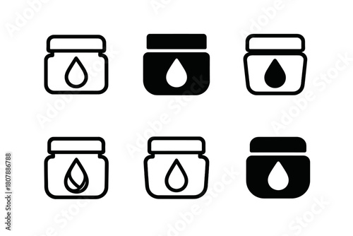 Moisturizer Jar Logos. Moisturizer jar mockup. Icon set. Set Logo of moisturizer jar mockup: jar with SPF sun badge. harmonious logo variations of the same