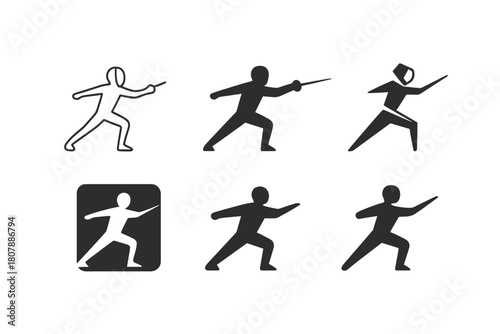 Fencing Logo Variations. Fencing. Icon set. Set Logo of Fencing: Trophy. harmonious logo variations of the same emblematic concept (Negative space, Minimal