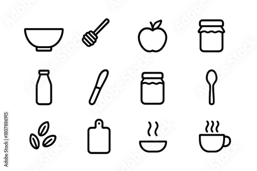 Homemade Breakfast Icons. Homemade breakfast. Line icon set of homemade breakfast: bowl, honey dipper, fruit, toast, milk bottle, butter knife, jam jar, spoon,
