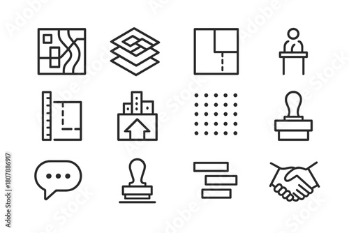 Urban Planning Icons. Urban expansion planning. Line icon set of Urban expansion planning: skyscraper, apartment building, road, bridge, house, construction