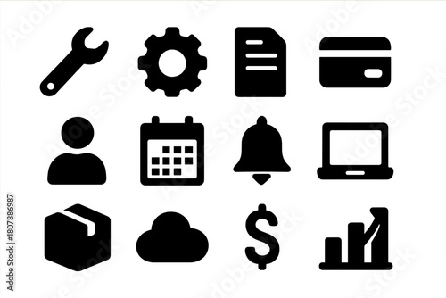 Service Model Icons. Service-based model. Solid icon set of service-based model: wrench, gear, document, credit card, user, calendar, bell, laptop, package,