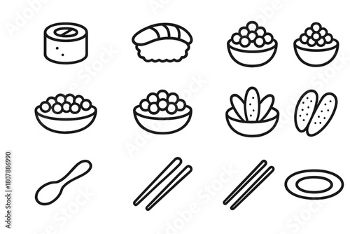 Seafood Line Art Icons. Seafood dishes. Line icon set of seafood dishes: sushi roll, nigiri, bowl of rice, salmon roe, flying fish roe, caviar, sea urchin roe,