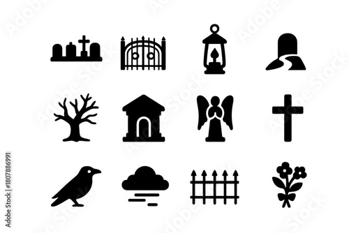 Cemetery Icon Set. Cemetery. Solid icon set of Cemetery: tombstones row, iron gate, lantern, grave path, old tree, mausoleum, statue angel, cross, crow, fog