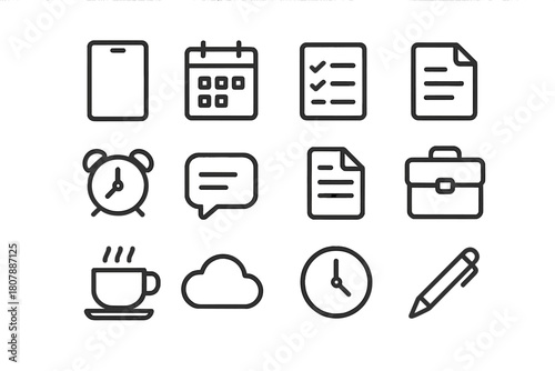 Mobile Productivity Icons. Mobile productivity. Line icon set of mobile productivity: smartphone, calendar, task list, note, alarm, chat bubble, document,