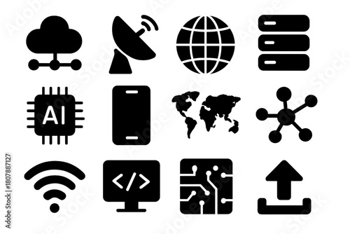 Global Tech Icons. Global Technology. Solid icon set of Global Technology: cloud network, satellite dish, globe wireframe, data server, AI chip, mobile phone,