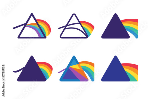 Vibrant Color Icon Logos. Vibrant colors. Icon set. Set Logo of vibrant colors: prism dispersing light spectrum. harmonious logo variations of the same