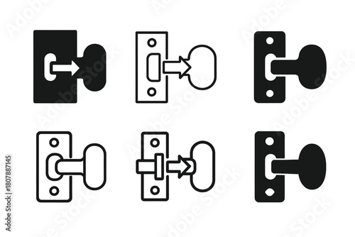Door Hardware Icons. Replacing door hardware (knob or handle). Icon set. Set Logo of replacing door hardware (knob or handle): handle and key silhouette on