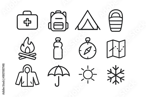 Emergency Kit Icons. Emergency kit. Line icon set of Emergency kit: first aid kit, backpack, tent, sleeping bag, fire, water bottle, compass, map, jacket,