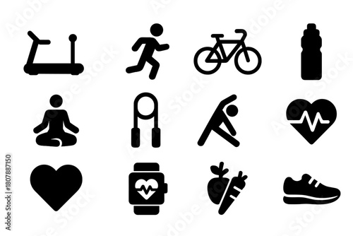 Exercise Icon Set. The benefits of physical exercise. Icon set. Set Logo of The benefits of physical exercise: Water bottle and fitness gear. harmonious logo