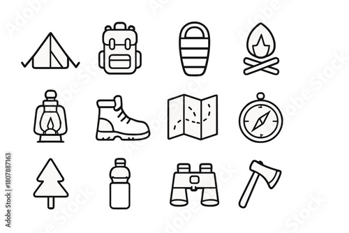 Family Camping Icons. Family camping. Line icon set of Family camping: tent, backpack, sleeping bag, campfire, lantern, hiking boots, map, compass, tree, water