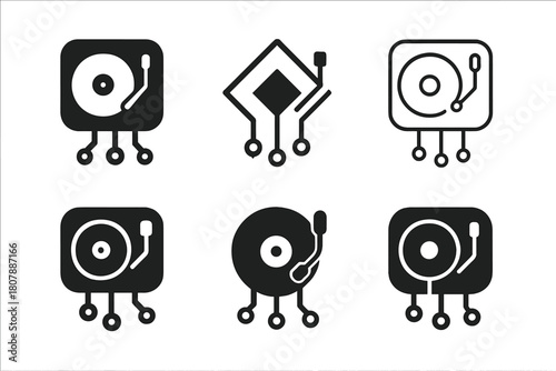 Music Tech Icons. The impact of technology on music. Icon set. Set Logo of The impact of technology on music: Turntable. harmonious logo variations of the same