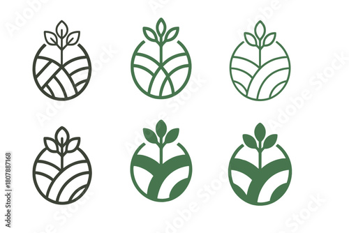 Sustainable Farming Icons. Sustainable farming. Icon set. Set Logo of Sustainable farming: Tractor in field. harmonious logo variations of the same emblematic