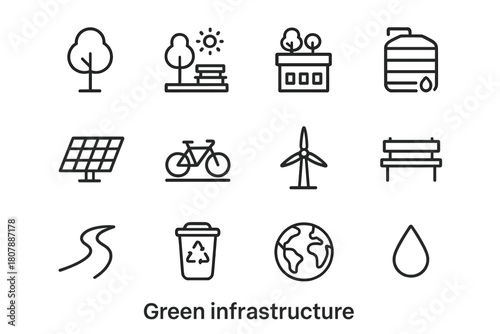 Green Infrastructure Icons. Green Infrastructure. Line icon set of Green Infrastructure: tree, park, rooftop garden, rainwater tank, solar panel, bike lane,