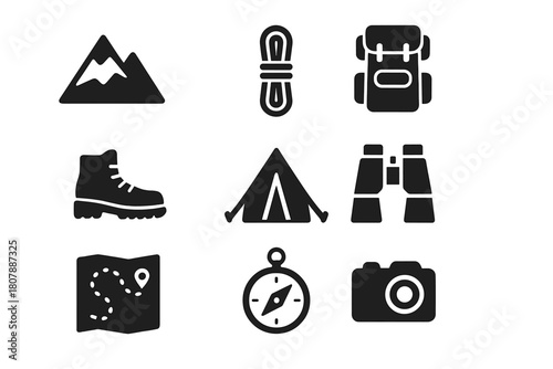 Mountain Expedition Icons. Mountain expedition. Line icon set of mountain expedition: mountain peak, ice axe, rope, flag, climber, helmet, backpack, compass,