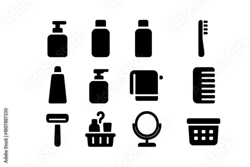 Personal Care Icons. Personal Care. Solid icon set of Personal Care: lotion, shampoo bottle, conditioner bottle, toothbrush, toothpaste, soap dispenser, towel,