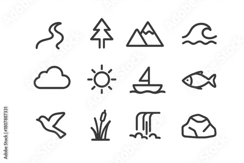 Nature Icons Collection. Nature and water. Line icon set of nature and water: river, tree, mountain, wave, cloud, sun, boat, fish, bird, reeds, waterfall,