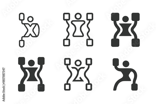 Custom Fitness Logos. Personalized fitness equipment. Icon set. Set Logo of personalized fitness equipment: gym bag monogram. harmonious logo variations of the