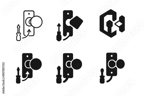 Door Hardware Icons. Replacing door hardware (knob or handle). Icon set. Set Logo of replacing door hardware (knob or handle): handle and key silhouette on
