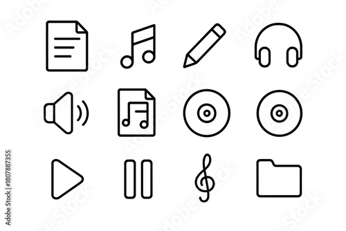 Store Playlist Icons. Store playlist management. Line icon set of Store playlist management: sheet of paper, music note, pencil, headphones, speaker, playlist