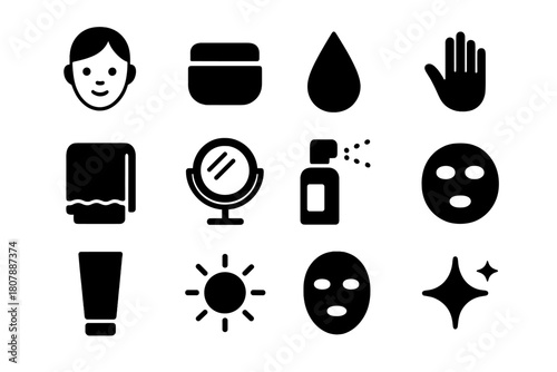 Skincare Icons Collection. Skin care routine. Solid icon set of Skin care routine: face, cream jar, drop, hand, towel, mirror, spray bottle, cotton pad, lotion