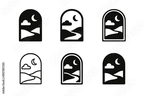 Escapism Logo Variations. escapism in marketing. Icon set. Set Logo of escapism in marketing: open door to dream landscape. harmonious logo variations of the
