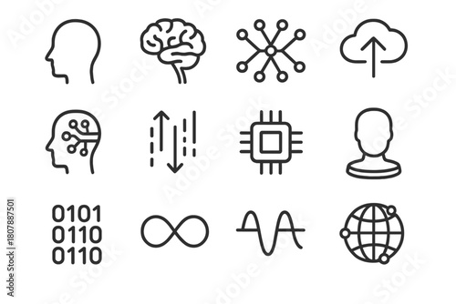 Mind-Uploading Icon Set. Mind-uploading and consciousness. Line icon set of mind-uploading and consciousness: human head silhouette, brain, neural network,