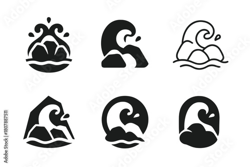 Rocky Shore Icons. Rocky shore. Icon set. Set Logo of rocky shore: serene rocky coastline. harmonious logo variations of the same emblematic concept, each with