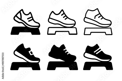 Step Aerobics Icons. Step aerobics. Icon set. Set Logo of Step aerobics: Fitness timer. harmonious logo variations of the same emblematic concept (Negative