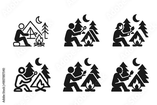 Campfire Logo Variations. A person sitting by a campfire in the woods, roasting marshmallows and telling stories. Icon set. Set Logo of A person sitting by a