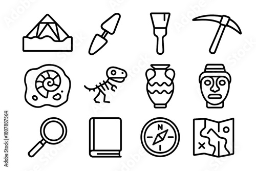 Archaeological Icon Set. Dig site exploration. Line icon set of Dig site exploration: excavation site, trowel, brush, pickaxe, fossil, skeleton, ancient