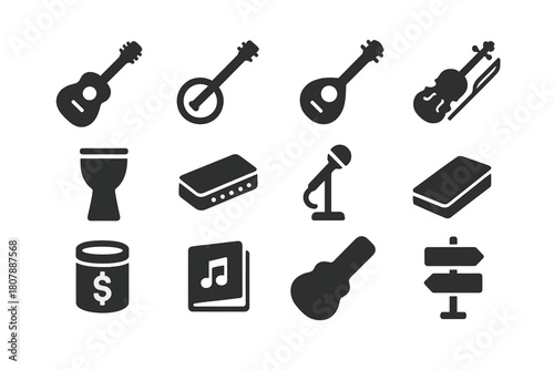 Indie Folk Icons. Indie Folk Street Performers. Solid icon set of Indie Folk Street Performers: acoustic guitar, banjo, mandolin, fiddle, hand drum, harmonica,