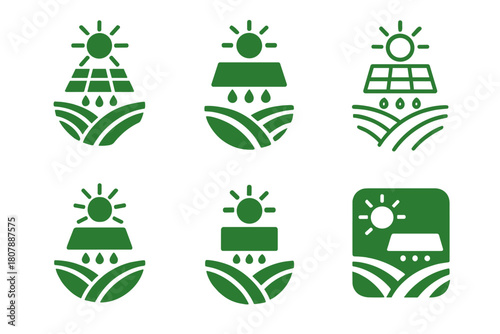 Eco Farming Icons. Eco-Friendly Farming Practices. Icon set. Set Logo of Eco-Friendly Farming: solar-powered irrigation system. harmonious logo variations of