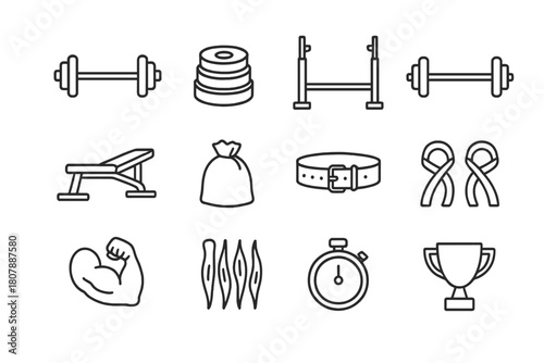 Strength Training Icons. Strength training. Solid icon set of Strength training: dumbbell, kettlebell, resistance band, pull-up bar, exercise bike, yoga mat,