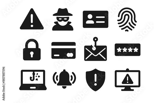 Identity Theft Icons. Identity theft warning. Solid icon set of Identity theft warning: warning triangle, masked hacker, ID card, fingerprint, lock symbol,