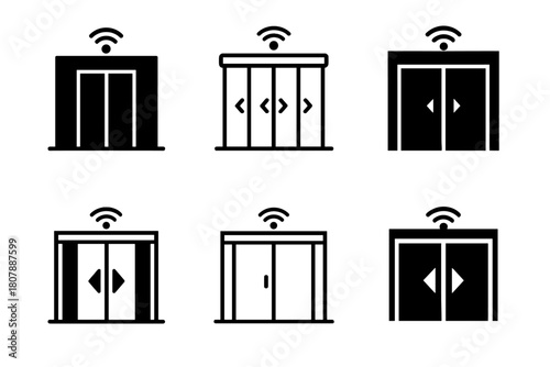 Sliding Doors Icons. Sliding doors. Icon set. Set Logo of sliding doors: balcony slider with sheer curtain. harmonious logo variations of the same emblematic