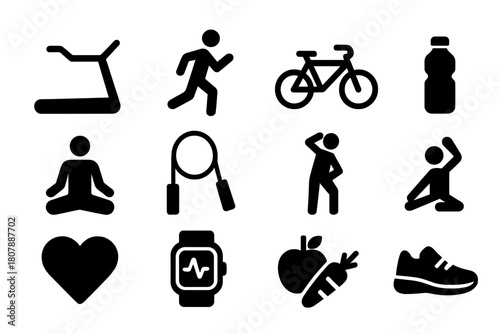Exercise Icon Set. The benefits of physical exercise. Icon set. Set Logo of The benefits of physical exercise: Water bottle and fitness gear. harmonious logo
