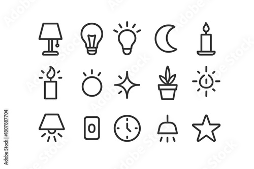 Ambient Lighting Icons. Ambient lighting. Line icon set of ambient lighting: lamp, light bulb, halo lines, moon, dimmer, candle, soft glow, star, plant, shade,