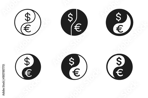 Investment Balance Icons. balance in financial investments. Icon set. Set Logo of balance in financial investments: scale balancing stock market arrows.