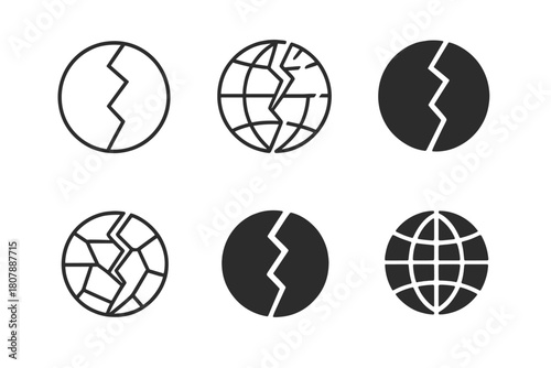 War Icon Variations. War. Icon set. Set Logo of War: abstract globe with crack symbolizing global tension. harmonious logo variations of the same emblematic