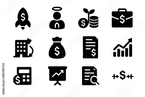 Startup Funding Icons. Startup funding. Solid icon set of startup funding: rocket, dollar sign, handshake, graph, lightbulb, briefcase, people group, laptop,