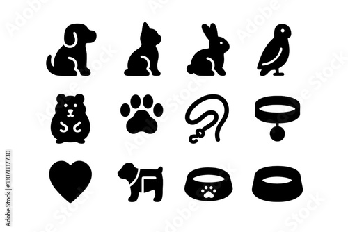 Comfort Pet Icons. Comfort Pets. Solid icon set of Comfort Pets: dog, cat, rabbit, bird, hamster, paw print, leash, collar, pet bed, heart symbol, therapy