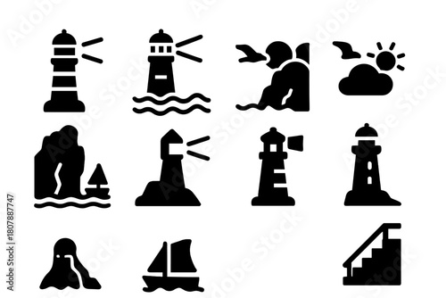 Coastal Beacon Icons. Coastal Beacon. Solid icon set of Coastal Beacon: lighthouse tower, light beam, waves, rocky coast, seagull, sun, clouds, cliff, boat,
