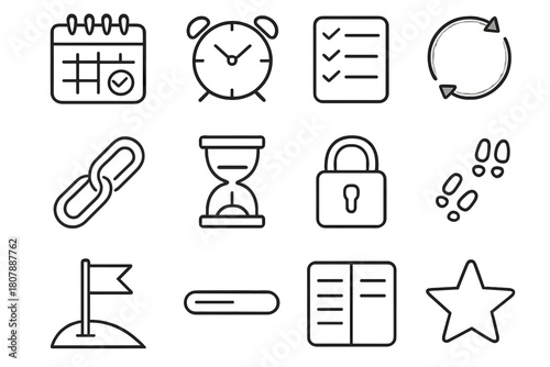 Discipline Icon Set. Discipline and consistency. Line icon set of discipline and consistency: calendar streak, alarm clock, checklist, habit loop arrow, chain